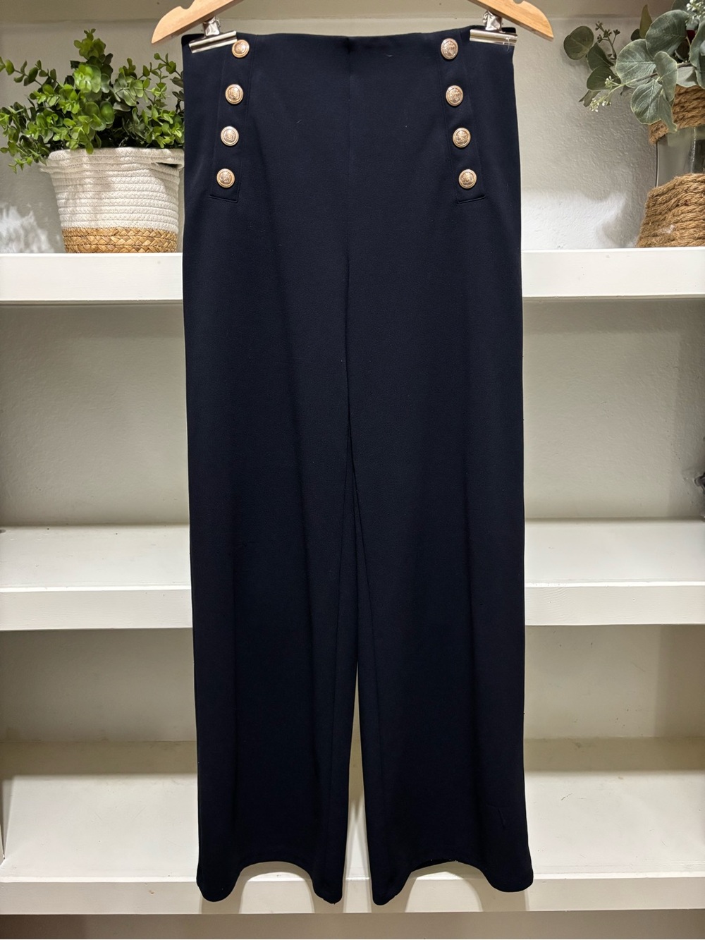 H&M Women’s Navy Wide-Leg High-Rise Pants with Gold Buttons Size S